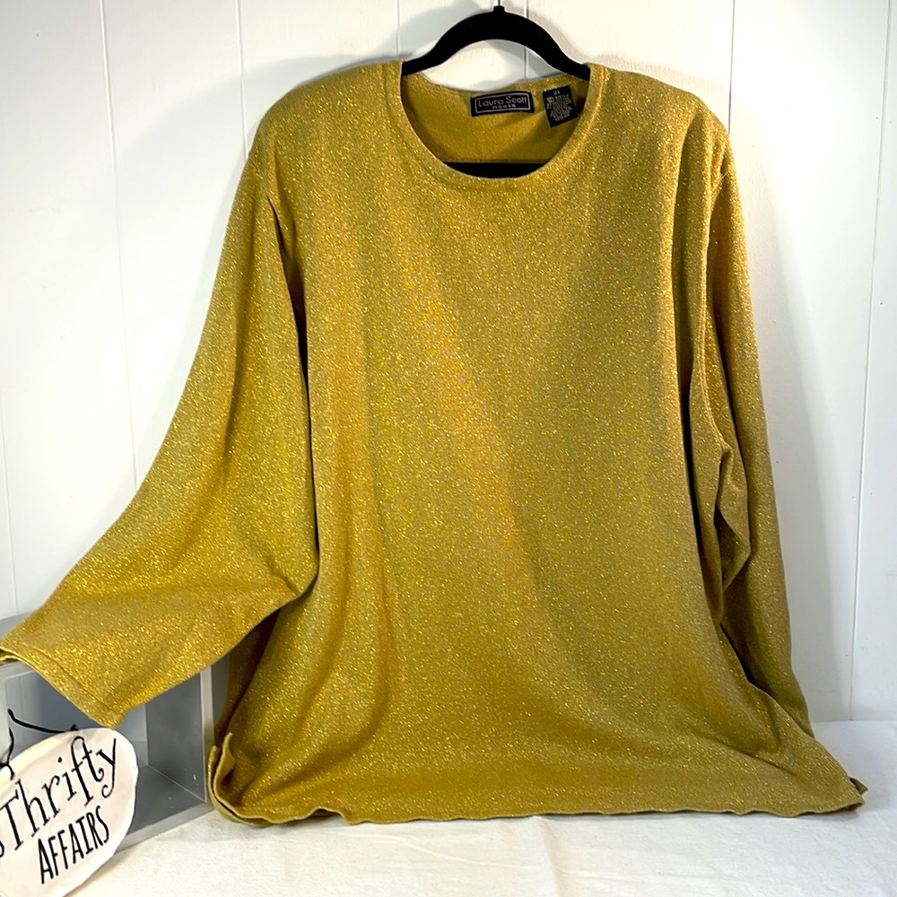 Laura Scott Woman 3X Metallic Gold Knit Tunic Top Holiday Party Festive Sparkle